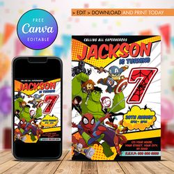 superheroes birthday invitation, 7th birthday superheroes invitation comic style canva editable instant download