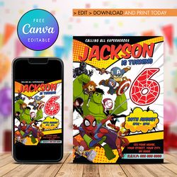superheroes birthday invitation, 6th birthday superheroes invitation comic style canva editable