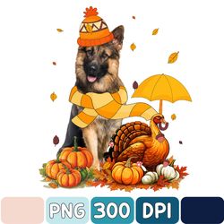 Thanksgiving German Shepherd With Turkey Fall Pumpkins Png, Fall Design Png, Funny Dog Fall Png, Thanksgiving Png