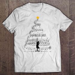 black cat climbing music note christmas tree tshirt