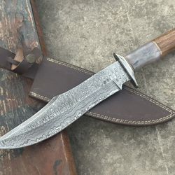 custom handmade damascus steel hunting knife bowie knife with wood & bone handle