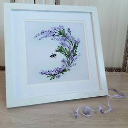 Embroidered picture Lavender and bee, ribbon embroidery art, handmade wall decor