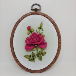 Embroidered picture pink rose, ribbon embroidery art, handmade wall decor