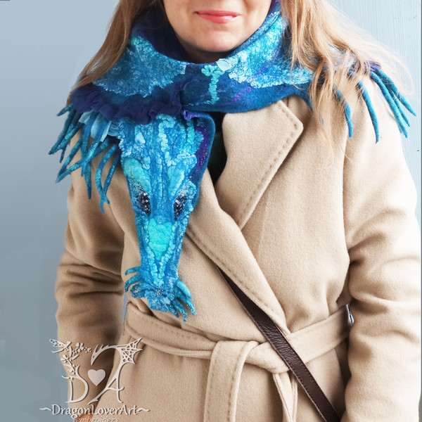 dragon blue bactus felted scarf wool silk cozy christmas gift 3.jpg