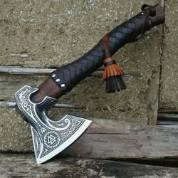 custom handmade carbon steel hatchet tomahawk viking wraping leather on handle