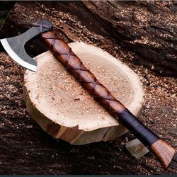 christmas gift custom handmade steel hatchet tomahawk viking axe wraping leather on handle