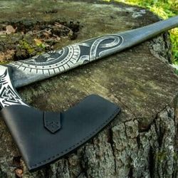 hand-forged damascus steel axe head | forged blade with cutting edge & head width | premium viking style axe
