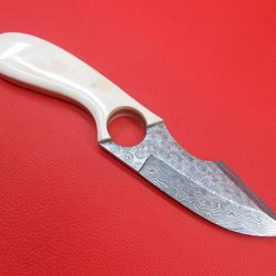 handmade damascus skinner knife camel bone handle with leather sheath