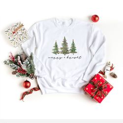 merry and bright christmas sweatshirt for women, women christmas sweatshirt, merry & bright sweatshirt, christmas tree,