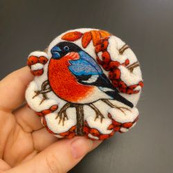 Bullfinch bird brooch, 3D needle felted wool brooch