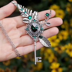Handmade Unique  Fantasy Swarovski Key Necklace Emerald Leaf