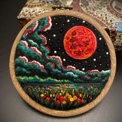 3D Surreal night landscape, Blood Moon felted and embroidered hoop art. Galaxy lover gift.