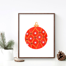 Christmas Ornaments Printable, Watercolor Christmas prints, Xmas poster, Colorful wall decor, Red Christmas ball art
