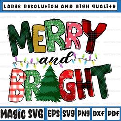 merry and br-ight buffalo plaid, glitter christmas tree png printable digital download clipart sublimation design