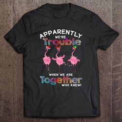 apparently were trouble when we are together who knew flamingo santa hat reindeer elf christmas shirt