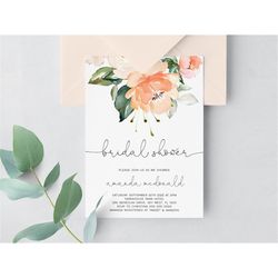 peach rose bridal shower invitation, editable template, greenery printable invite, boho floral brunch, coral flowers, he