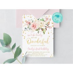 editable blush pink floral baby's first birthday party invitation, printable 1st birthday invite template, gold glitter,