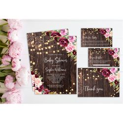 Rustic Floral Baby Shower Invitation Set, EDITABLE Template, Printable Boho Girl Invite, Wood & Marsala Baby Brunch Pack