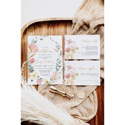 wildflower baby shower invitation set, editable template, printable gentle girl floral event pack, pink & red wild flowe
