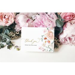 wildflower thank you card, editable template, printable pink & red wild flowers thank you note, 5x3,5', floral card, ins