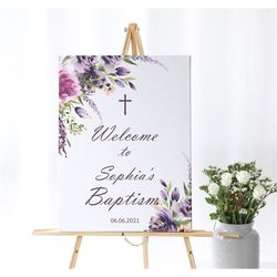 lavender welcome sign, editable template, summer floral baptism, printable first communion sign, violet & purple poster