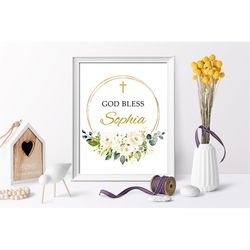 white flowers god bless sign, editable template, greenery baptism sign, floral first communion sign, printable large whi