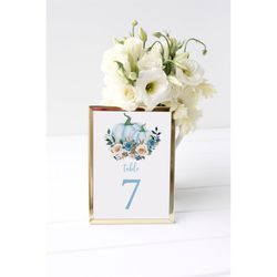blue pumpkin table numbers, editable template, printable blue & ivory fall autumn template, baby shower, bridal brunch,
