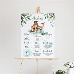 woodland birthday milestone sign, editable, printable baby 1st birthday floral milestone template, baby's first poster,