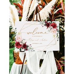 Marsala & Blush Pink Floral Wedding Welcome Sign, EDITABLE Template, Printable Boho Welcome Poster, Gold Frame Calligrap