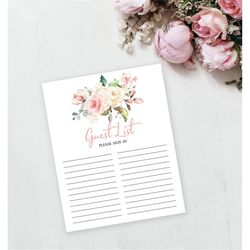 Boho Guest List Printable Sheet, Blush Pink Baby Shower Party Guest Book, Floral Bridal Brunch Template, Rose Baptism, I