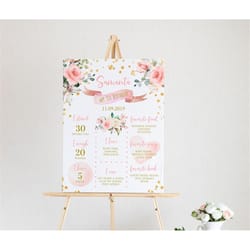 blush pink birthday milestone sign, editable, printable baby 1st birthday floral milestone template, baby's first poster