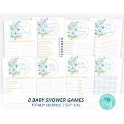 Blue Floral Baby Shower Game Set, EDITABLE Template, Printable  Boho Blue Rose & Gold Games Bundle, Boy Party Activities