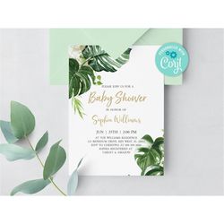 editable greenery baby shower invitation template, tropical printable baby shower invite, green and gold invititation, i