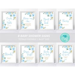 Blue Floral Baby Shower Sign Pack, EDITABLE Template, Blue & Gold Custom Package Bundle, Printable Sprinkle Tea Sign 8x1