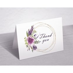 lavender floral thank you card, purple flowers & gold wreath thank you note printable, baby shower, bridal brunch card,