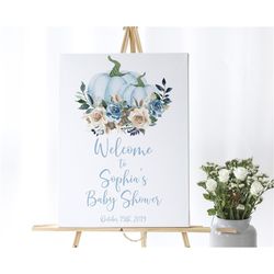 Blue Pumpkin Baby Shower Welcome Sign, Fall Autumn Birthday Sign, Navy & Ivory Flowers Poster, Printable Large Shower Si