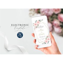 blush pink flowers & gold frame save the date electronic invitation template, editable digital download, boho pink rose,