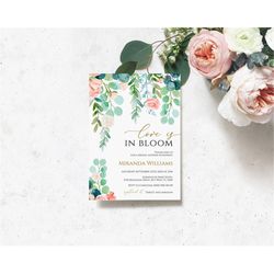 Love is in Bloom Bridal Shower Invitation, EDITABLE Template, Printable Greenery Floral Brunch Invite, Boho Blue Flowers