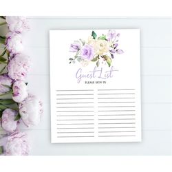 Lavender Guest List Printable Sheet, Baby Shower Party Guest Book, Floral Bridal Brunch Template, Baptism, Purple & Crea