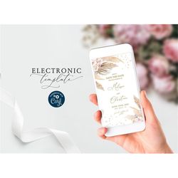 pampas grass save the date electronic invitation template, editable digital download, boho gold confetti & pink rose, te