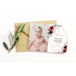 marsala & blush baptism photo thank you, editable template, printable thank you, girl first communion, calligraphy scrip