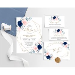 blush pink & navy floral baby shower invitation set, editable template, boho printable shower invite, gold frame bundle,
