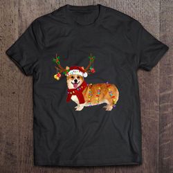 corgi reindeer santa hat christmas lights tshirt