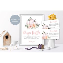 Pumpkin Baby Shower Diaper Raffle Sign and Raffle Tickets, Printable Baby Shower Decorations, Fall Autumn Brunch Activit