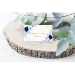 Navy Blue & Gold Floral Place Cards, EDITABLE Template, Printable Blue Flowers Card, Wedding Seating Name Card, Bridal S