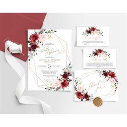 marsala & blush pink floral baby shower invitation set, editable template, boho printable shower invite, gold frame bund