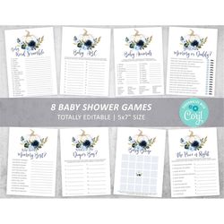 Blue Pumpkin Baby Shower Game Set, EDITABLE, Fall Autumn Games Bundle, Boy Party Activities Pack, Printable Navy & White