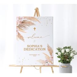 Pampas Grass Dedication Welcome Sign, EDITABLE Template, Boho Floral First Communion, Blush Pink Rose Flowers Printable