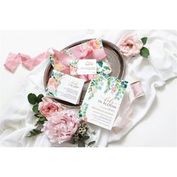 baby in bloom shower invitation set, editable template, printable greenery floral event pack, pink & white rose flowers