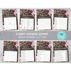Rustic Floral Baby Shower Game Set, EDITABLE Template, Wood & Marsala Bundle, Girl Activities Pack, Burgundy Printable,
